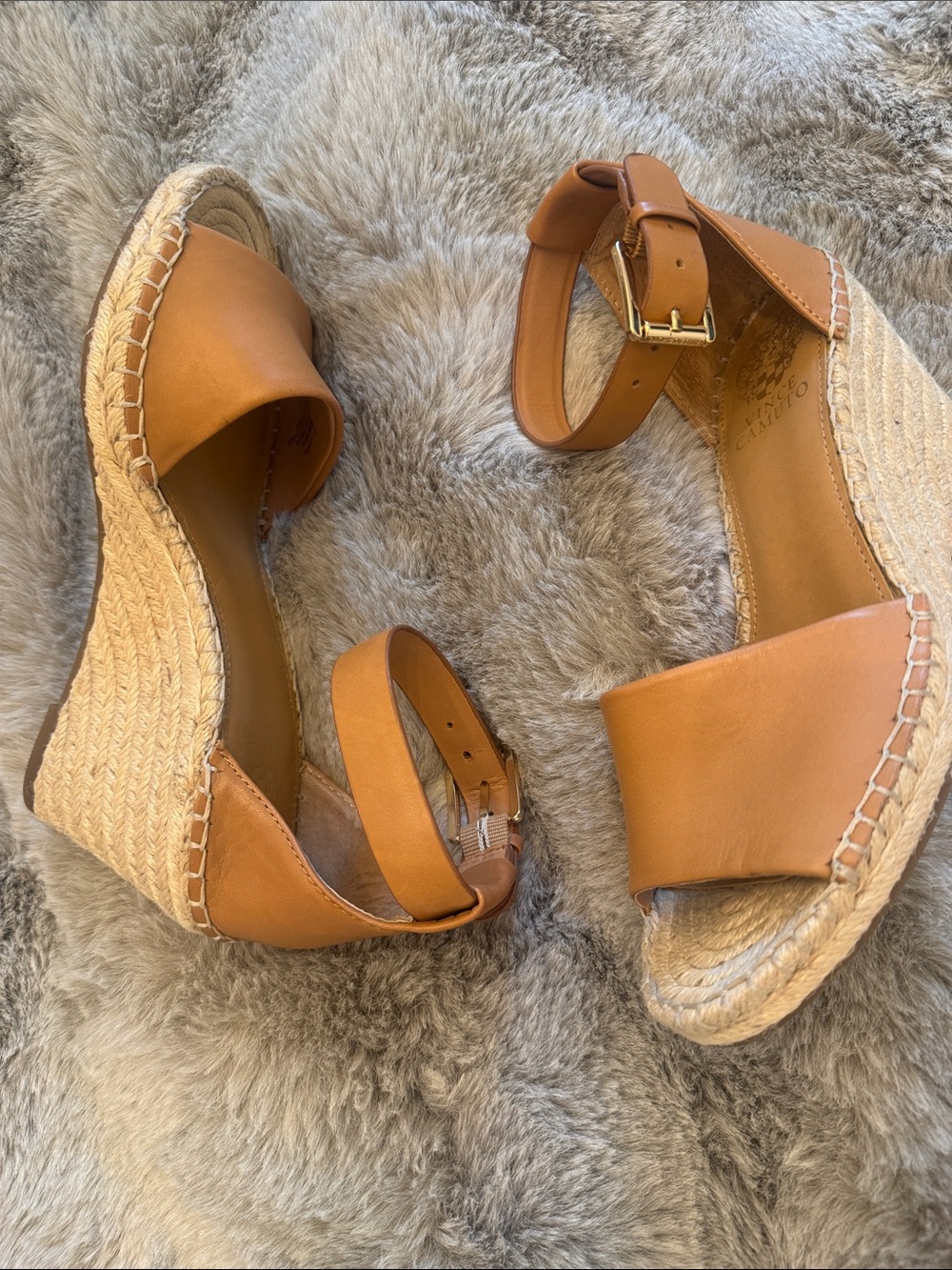 Leather Espadrille Wedge Sandals - Tan. Genuine Leather